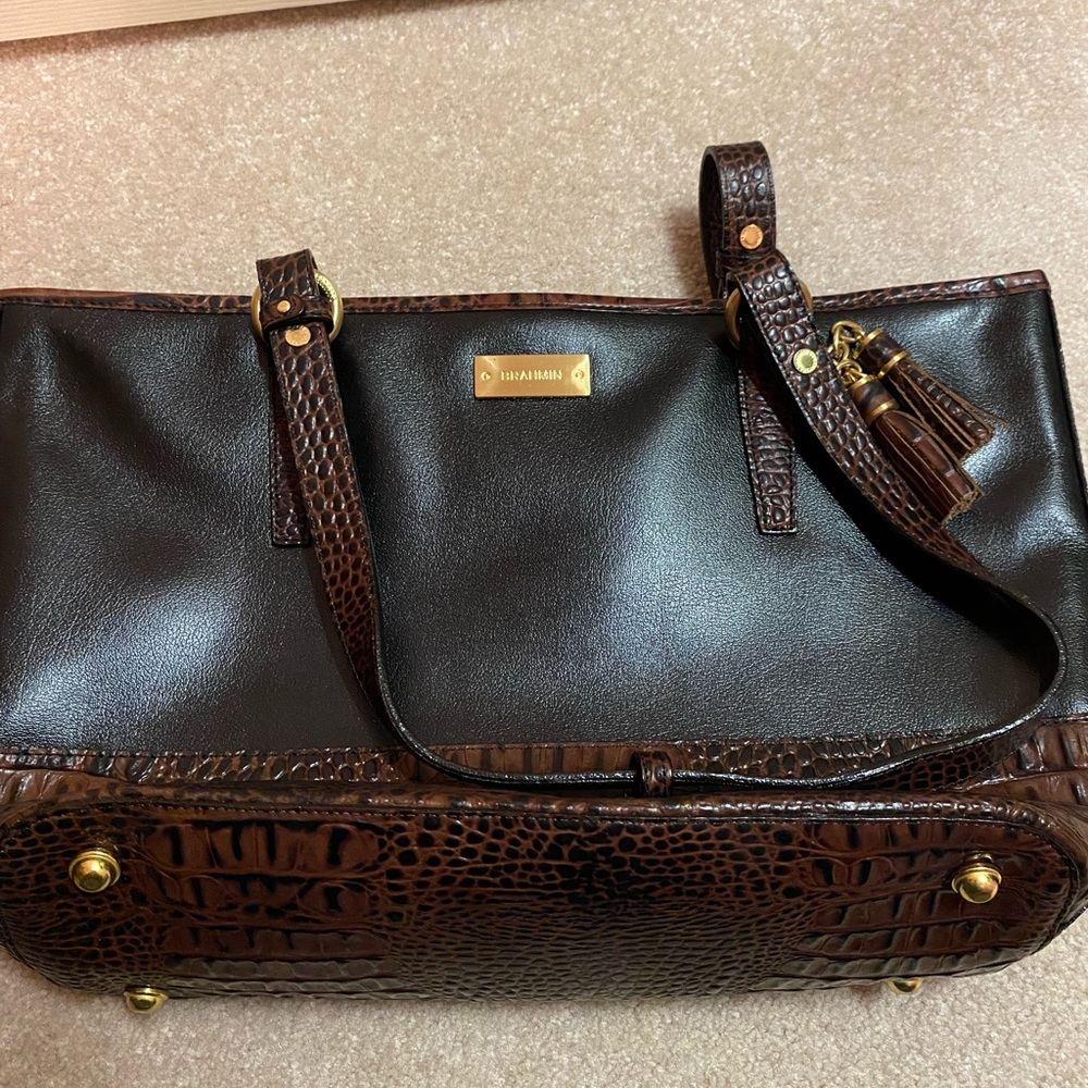 Brahmin Handbag. Black leather with brown crocs trim.